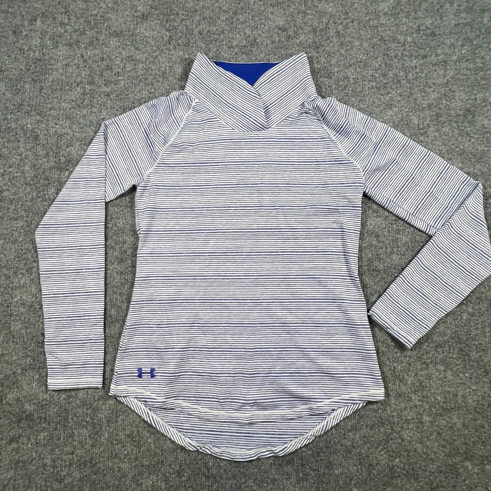 Under Armour Zinger Pullover Top Women Small White Blue Stripes Loose Curved Hem
